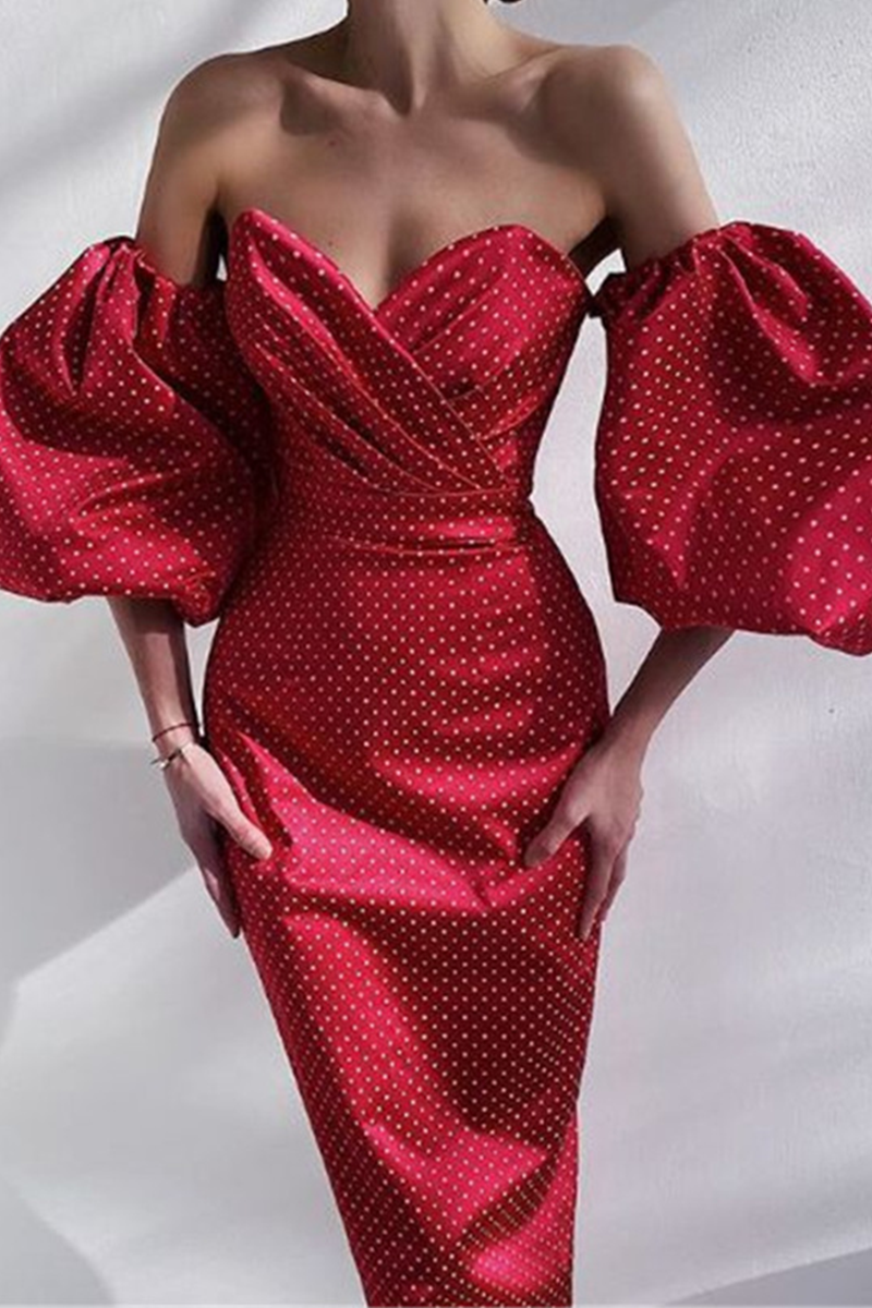 Fashion Elegant Polka Dot Slit Fold Strapless Pencil Skirt Dresses - Fashionpara