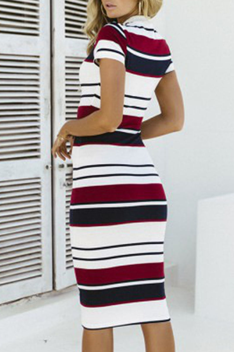 Fashion Vintage Striped Split Joint O Neck A Line Dresses - Fashionpara