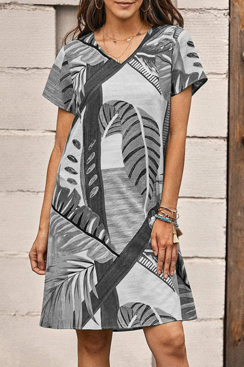 Fashion Casual Print Split Joint V Neck A Line Dresses - Fashionpara