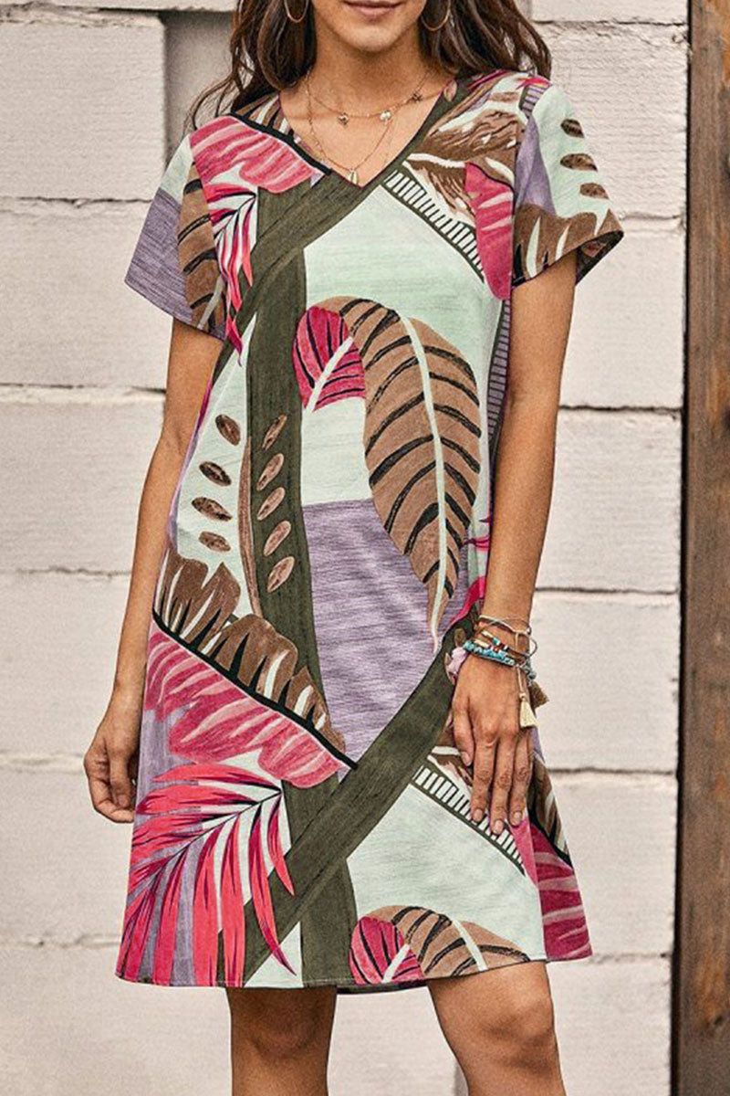 Fashion Casual Print Split Joint V Neck A Line Dresses - Fashionpara