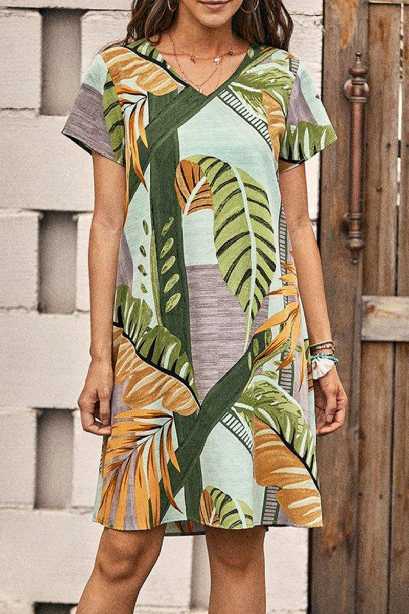 Fashion Casual Print Split Joint V Neck A Line Dresses - Fashionpara