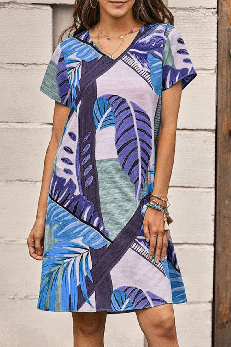 Fashion Casual Print Split Joint V Neck A Line Dresses - Fashionpara