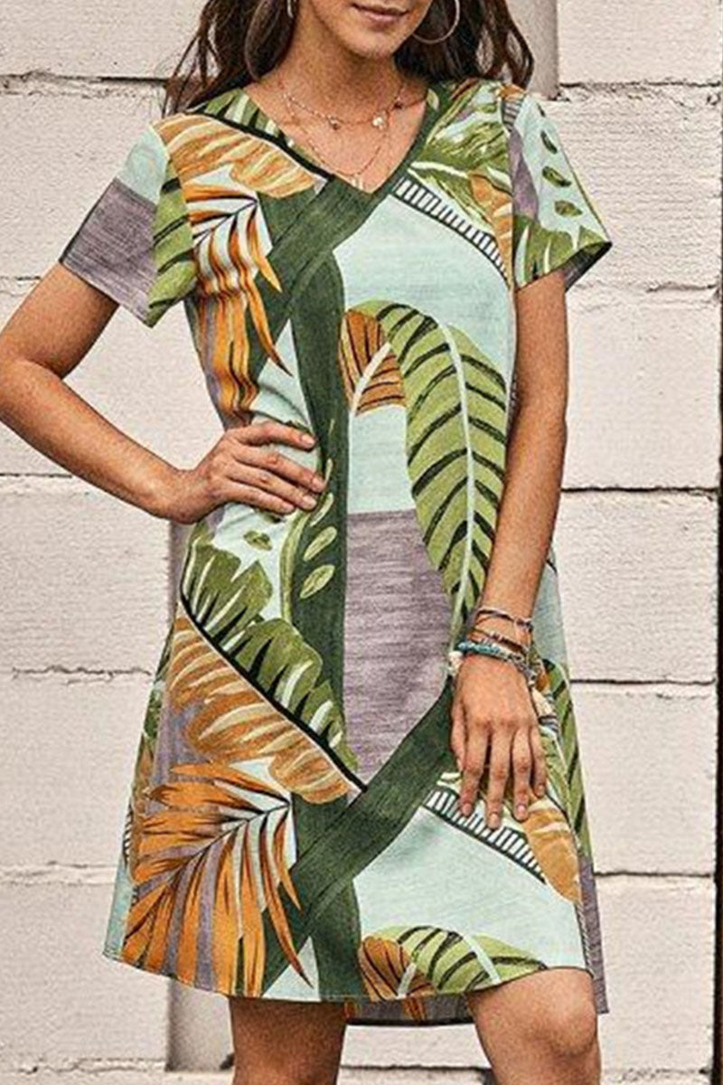 Fashion Casual Print Split Joint V Neck A Line Dresses - Fashionpara