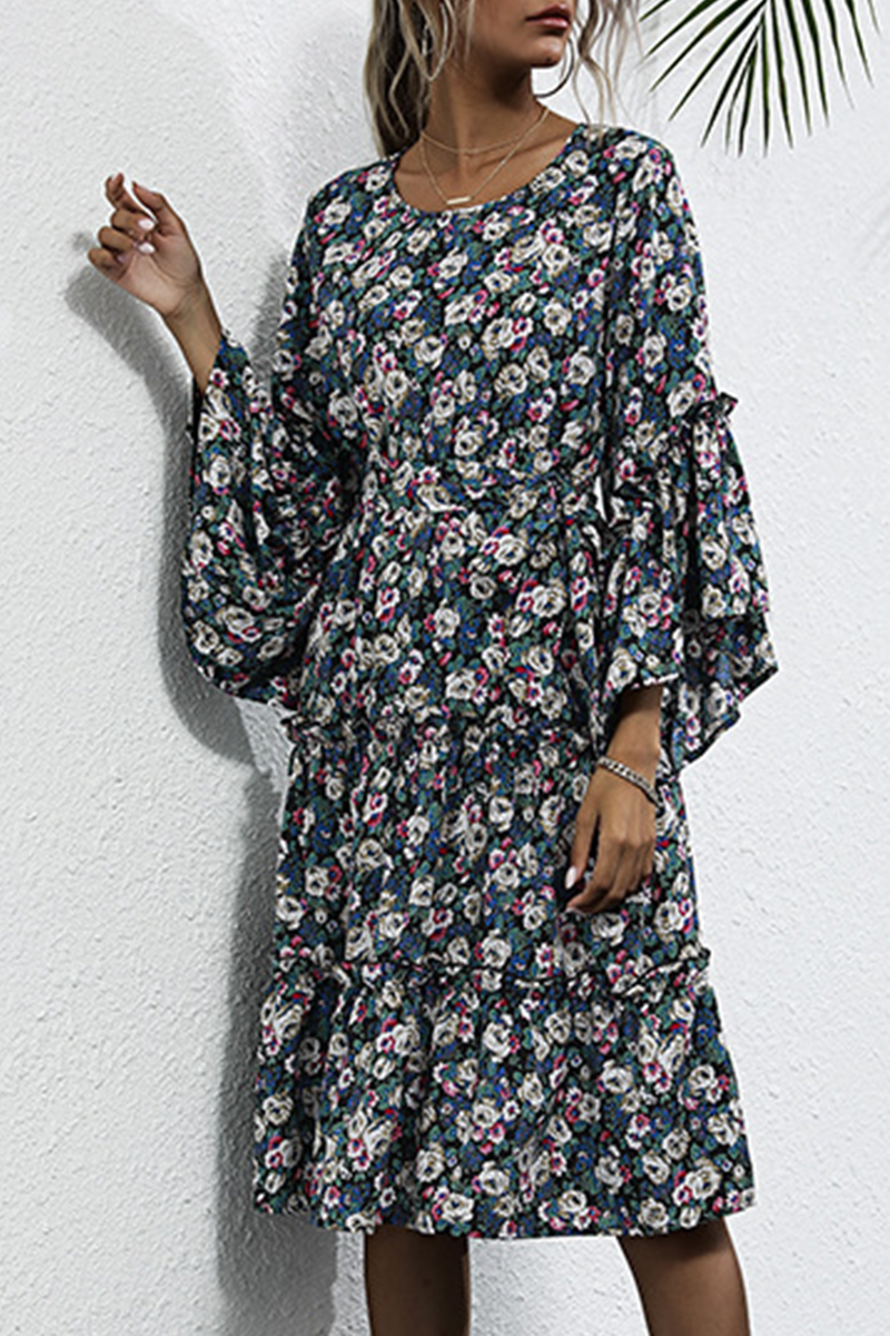 Elegant Floral Split Joint With Belt O Neck A Line Dresses - Fashionpara