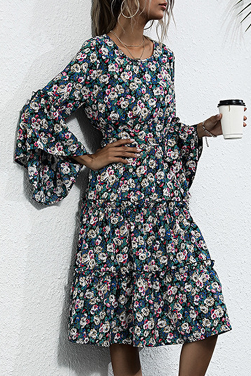 Elegant Floral Split Joint With Belt O Neck A Line Dresses - Fashionpara