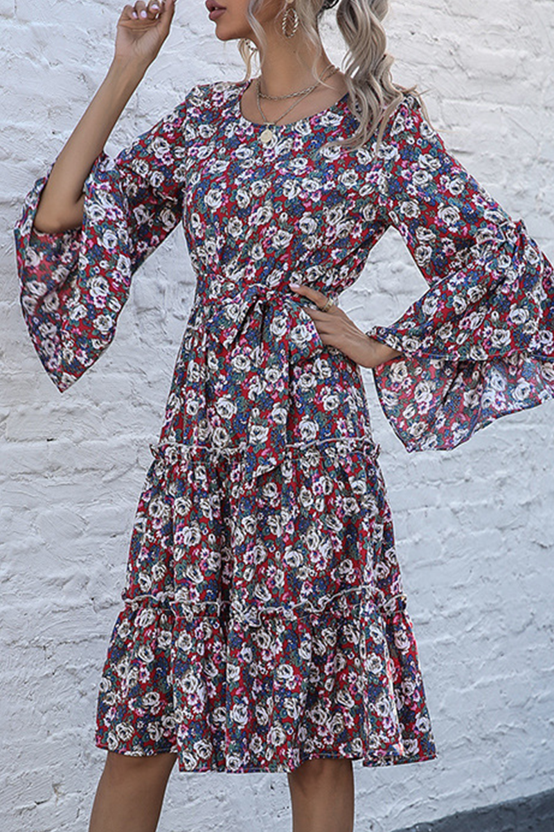 Elegant Floral Split Joint With Belt O Neck A Line Dresses - Fashionpara