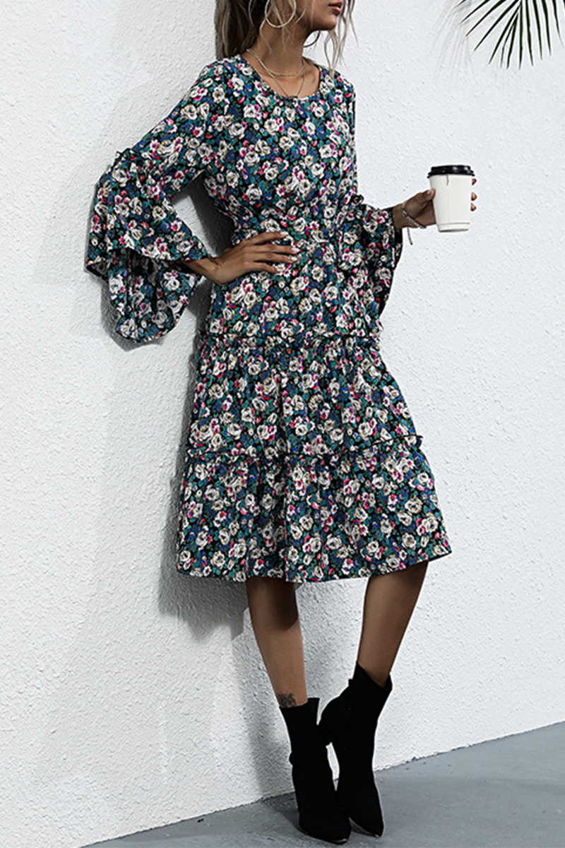 Elegant Floral Split Joint With Belt O Neck A Line Dresses - Fashionpara