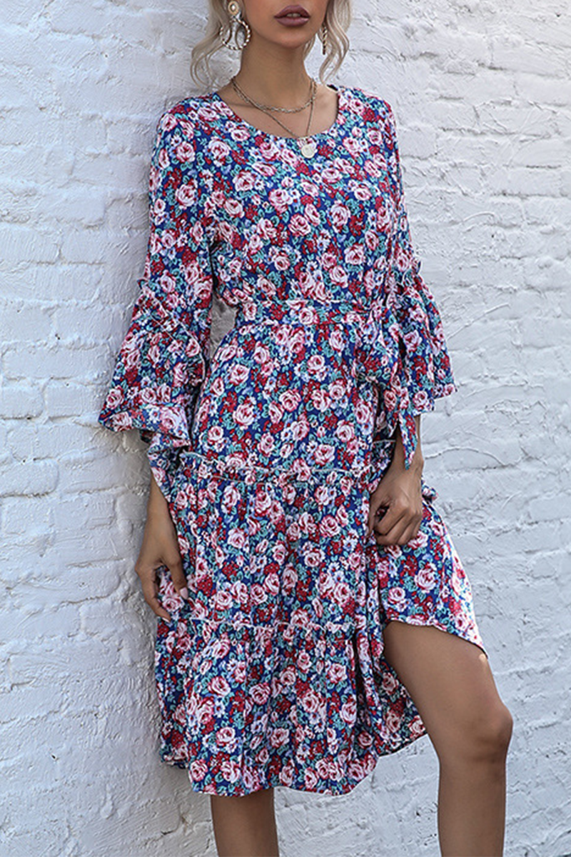 Elegant Floral Split Joint With Belt O Neck A Line Dresses - Fashionpara