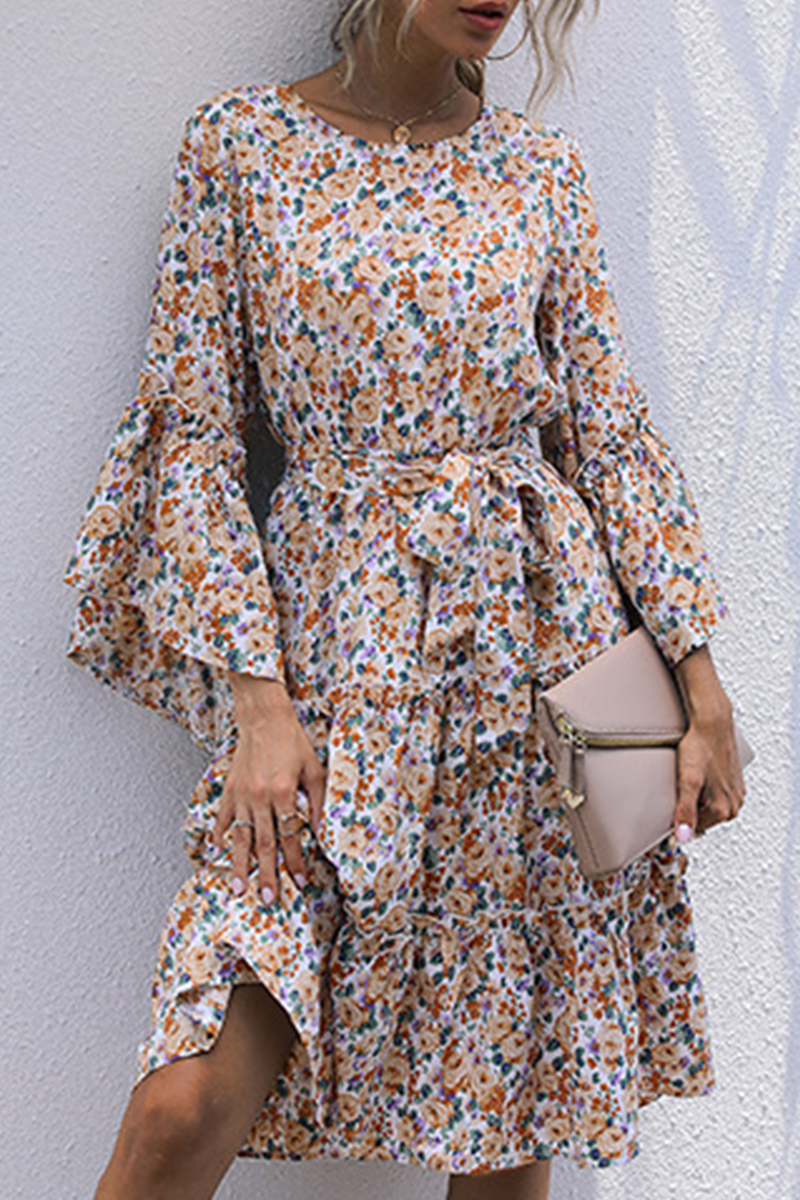 Elegant Floral Split Joint With Belt O Neck A Line Dresses - Fashionpara