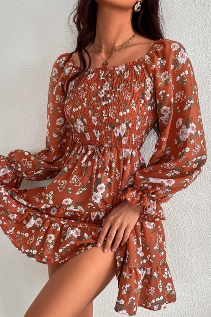 Elegant Floral Split Joint Stringy Selvedge Square Collar Waist Skirt Dresses - Fashionpara