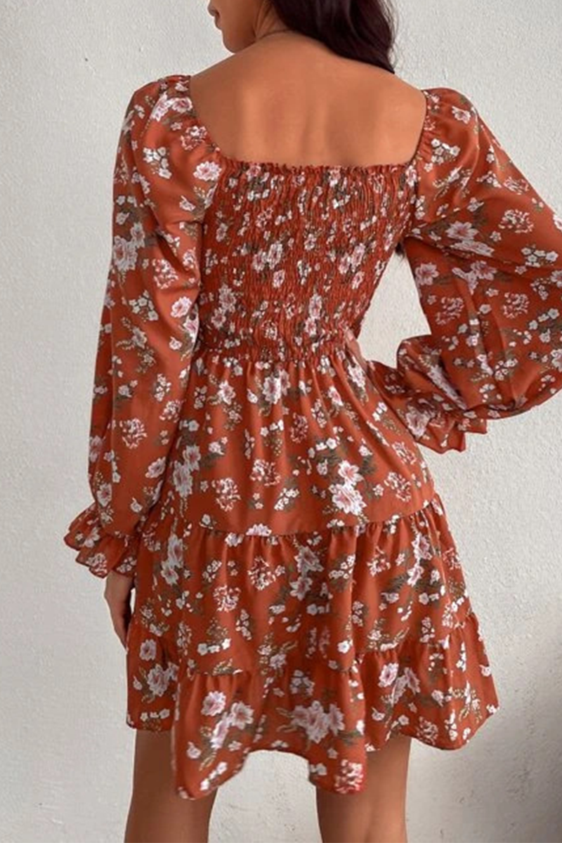 Elegant Floral Split Joint Stringy Selvedge Square Collar Waist Skirt Dresses - Fashionpara