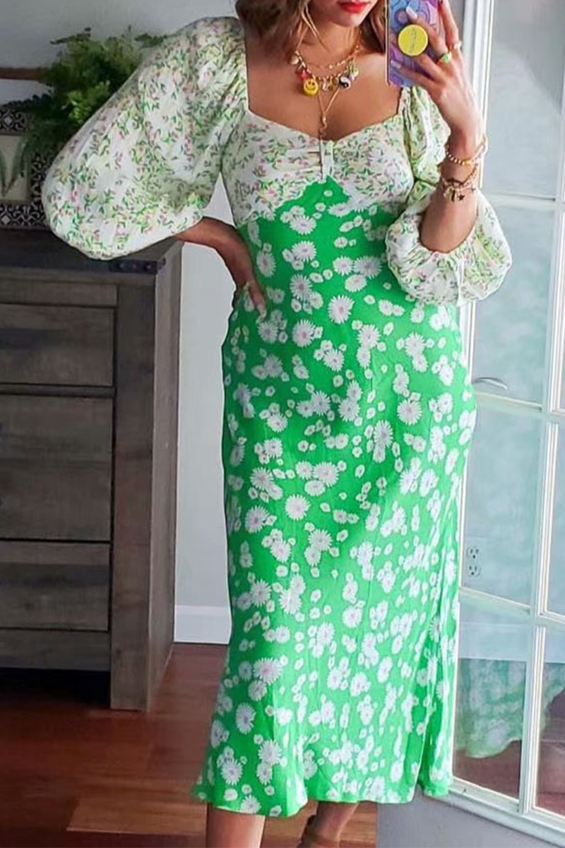 Vintage Elegant Floral Split Joint Contrast V Neck Dresses - Fashionpara