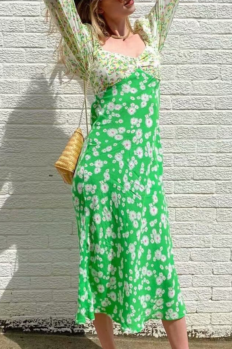 Vintage Elegant Floral Split Joint Contrast V Neck Dresses - Fashionpara