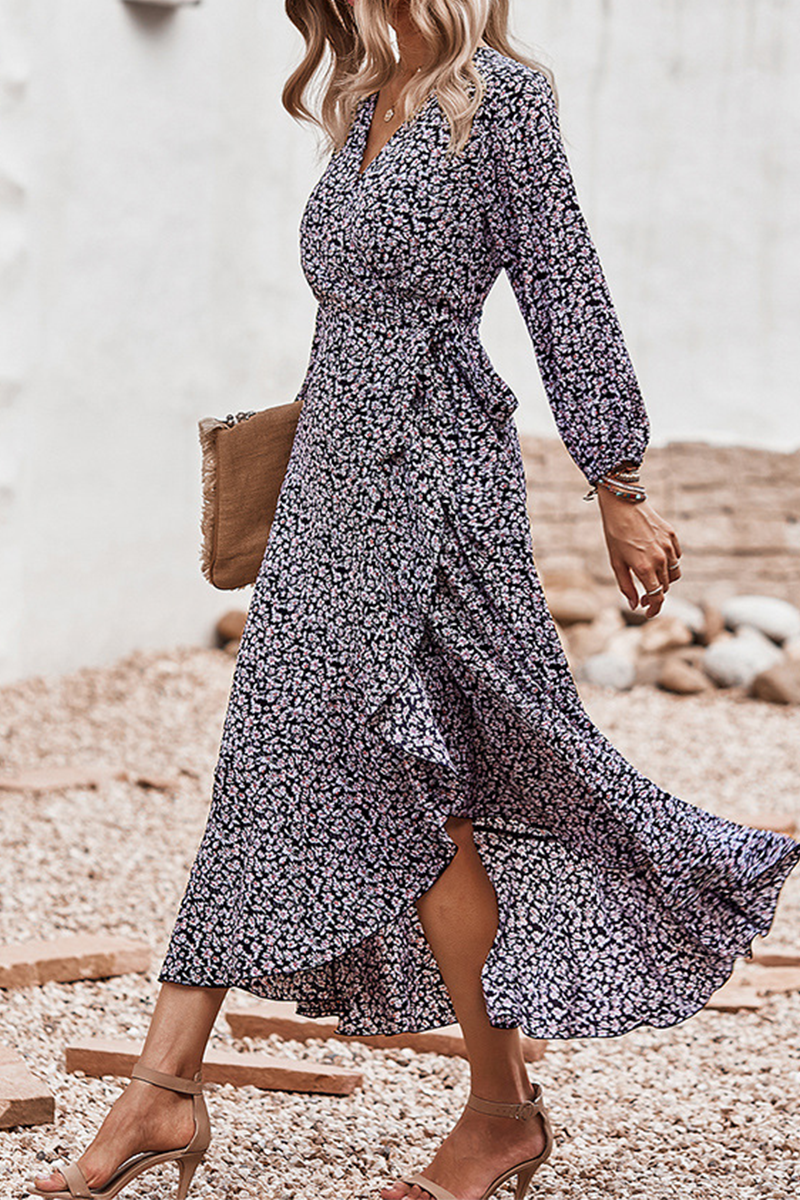 Elegant Floral Flounce Strap Design V Neck A Line Dresses(5 colors) - Fashionpara