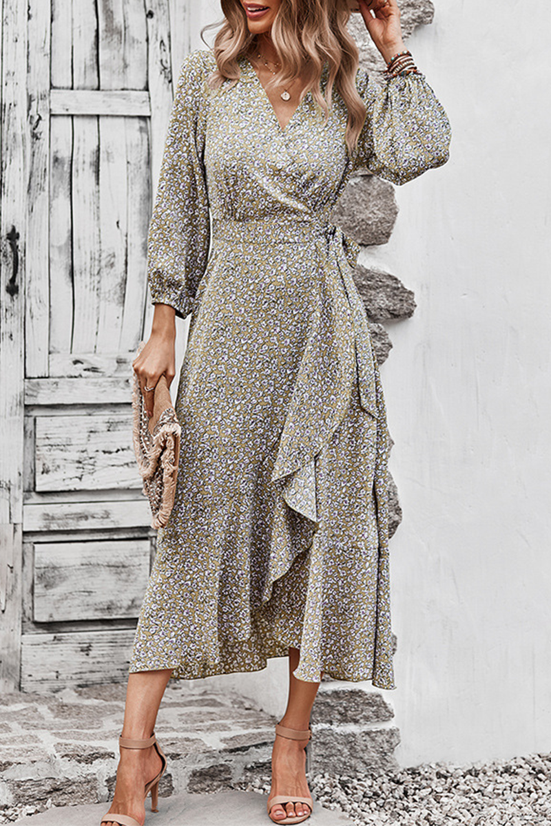 Elegant Floral Flounce Strap Design V Neck A Line Dresses(5 colors) - Fashionpara