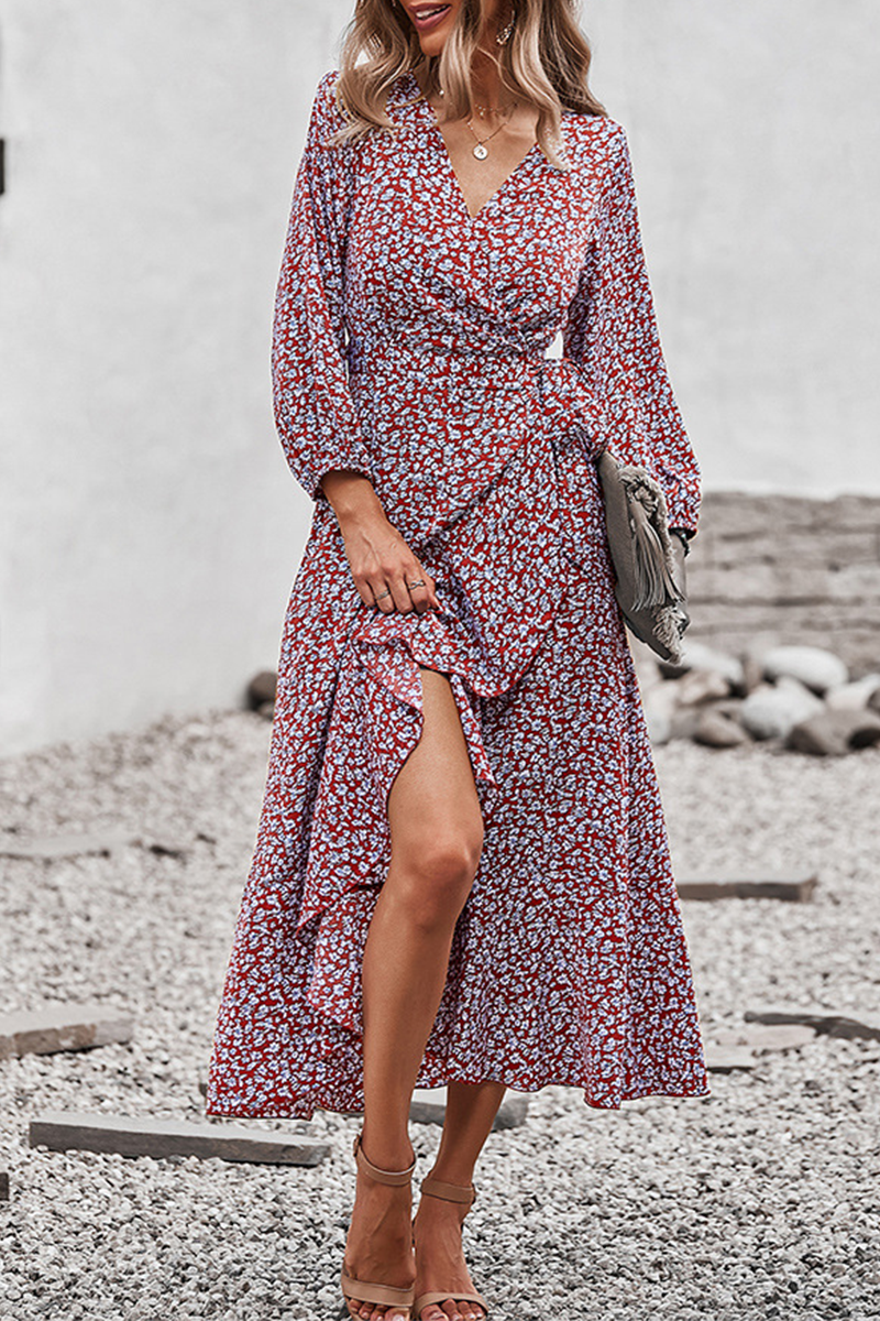 Elegant Floral Flounce Strap Design V Neck A Line Dresses(5 colors) - Fashionpara