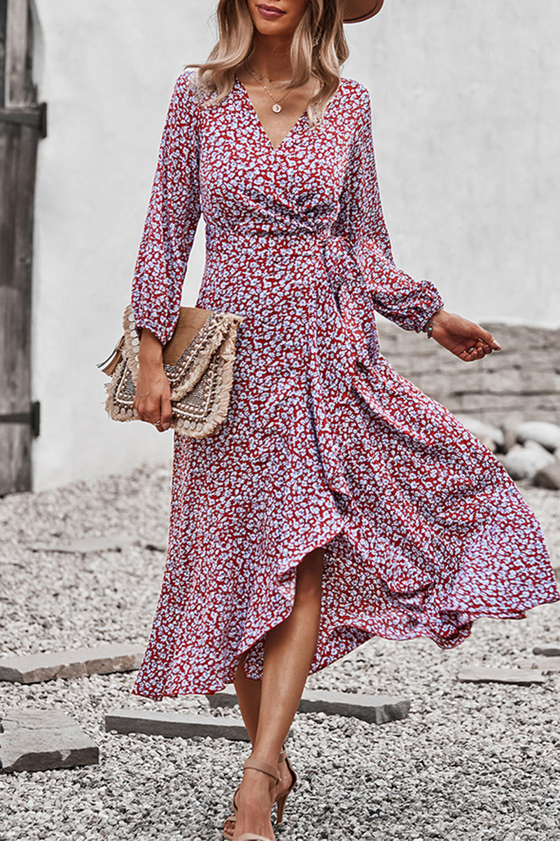 Elegant Floral Flounce Strap Design V Neck A Line Dresses(5 colors) - Fashionpara