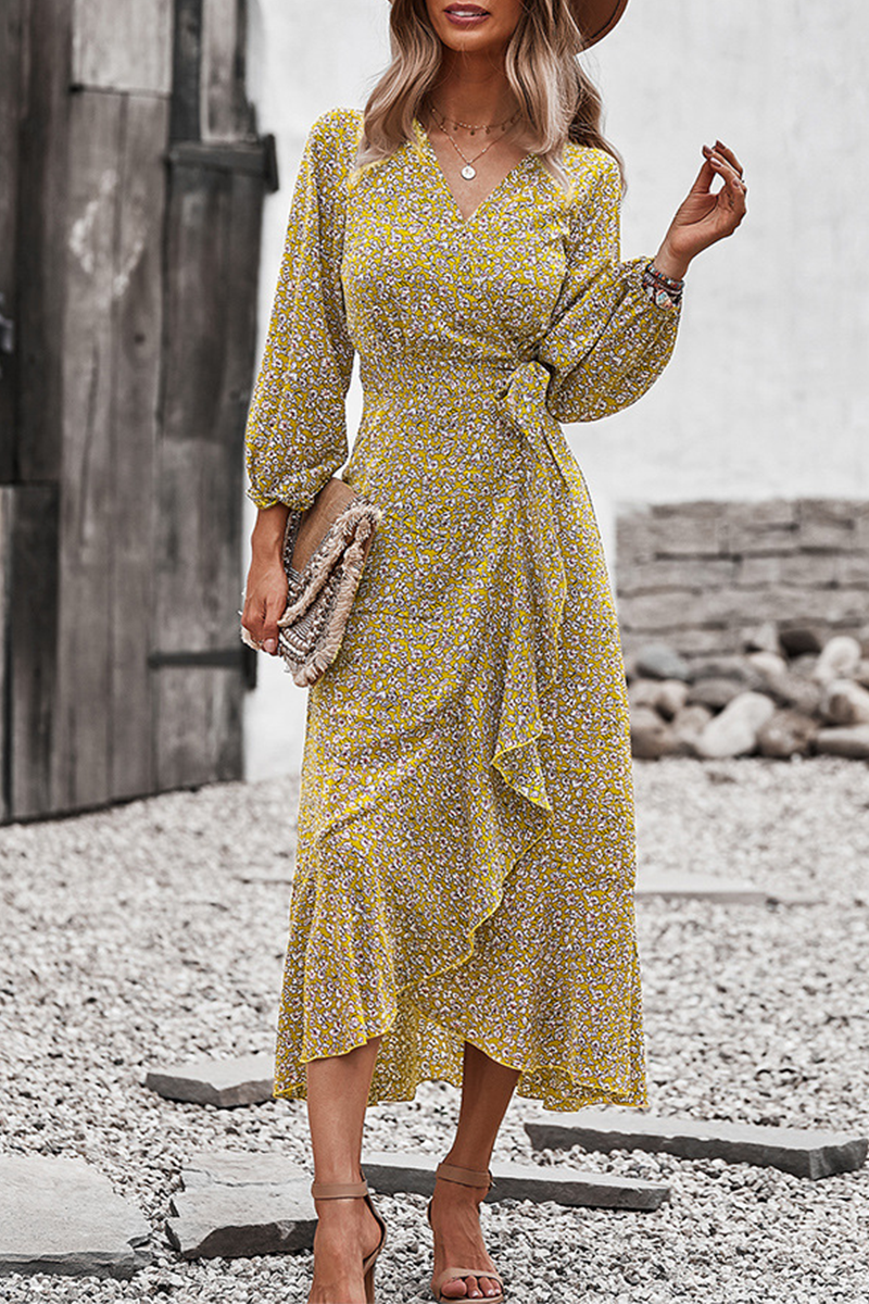 Elegant Floral Flounce Strap Design V Neck A Line Dresses(5 colors) - Fashionpara