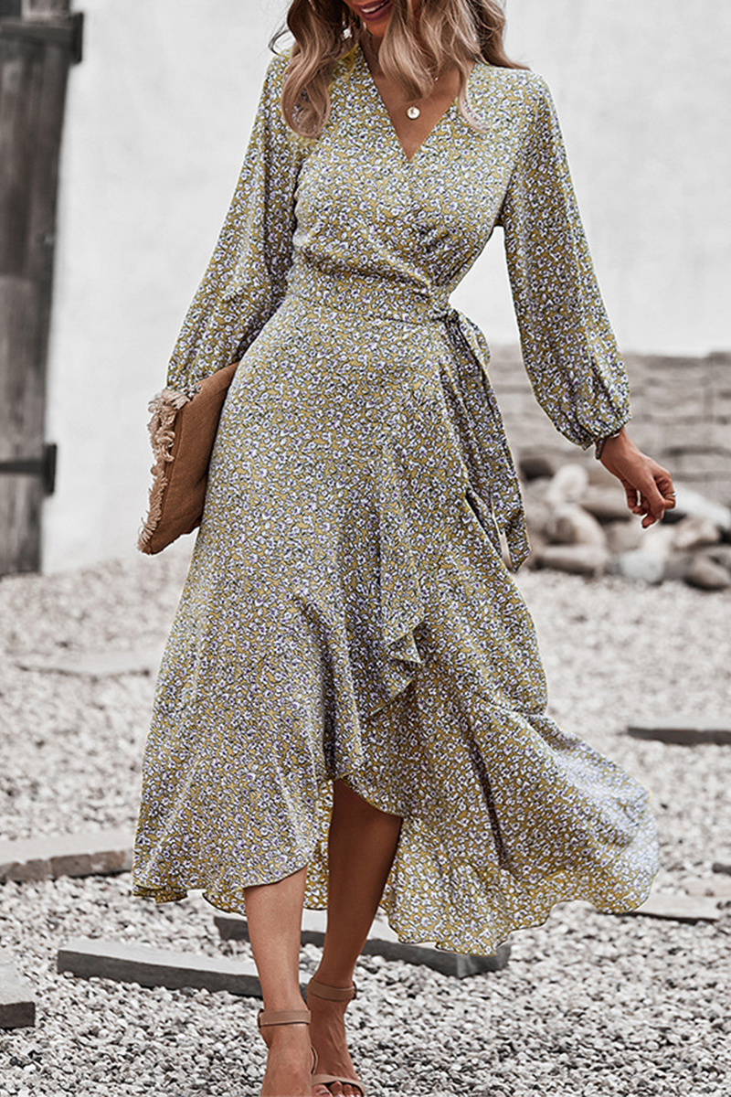 Elegant Floral Flounce Strap Design V Neck A Line Dresses(5 colors) - Fashionpara