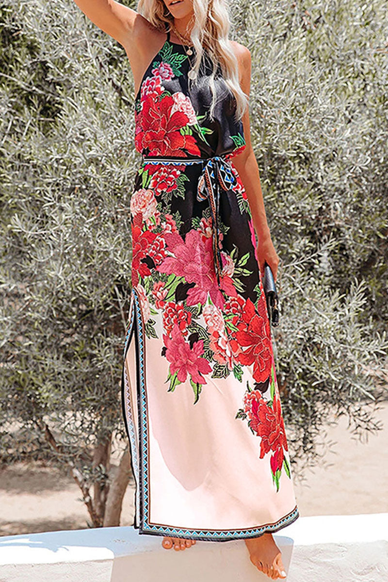Fashion Street Print Slit Halter A Line Dresses - Fashionpara