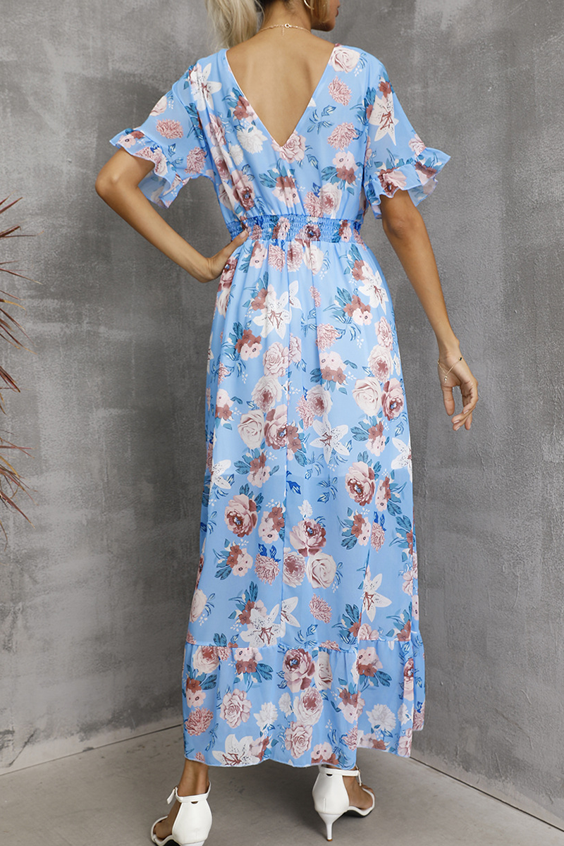 Elegant Floral Split Joint Flounce V Neck Waist Skirt Dresses(4 colors) - Fashionpara