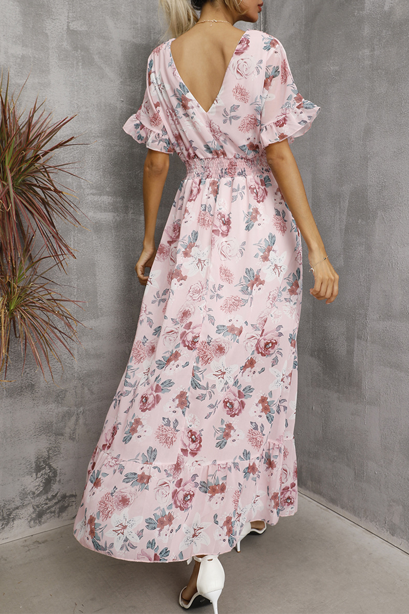 Elegant Floral Split Joint Flounce V Neck Waist Skirt Dresses(4 colors) - Fashionpara