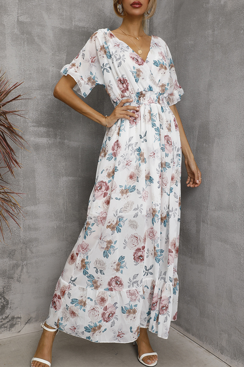 Elegant Floral Split Joint Flounce V Neck Waist Skirt Dresses(4 colors) - Fashionpara