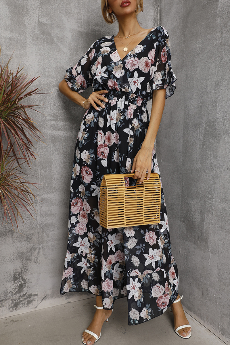 Elegant Floral Split Joint Flounce V Neck Waist Skirt Dresses(4 colors) - Fashionpara