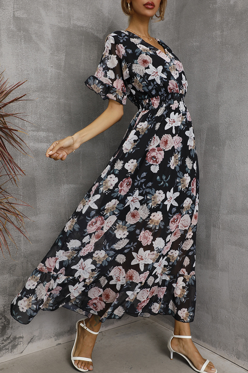 Elegant Floral Split Joint Flounce V Neck Waist Skirt Dresses(4 colors) - Fashionpara