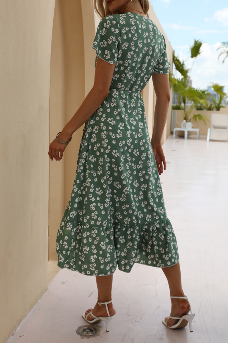 Sweet Elegant Floral Frenulum Flounce V Neck A Line Dresses - Fashionpara