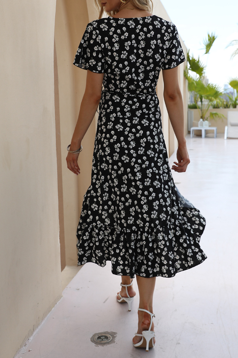 Sweet Elegant Floral Frenulum Flounce V Neck A Line Dresses - Fashionpara