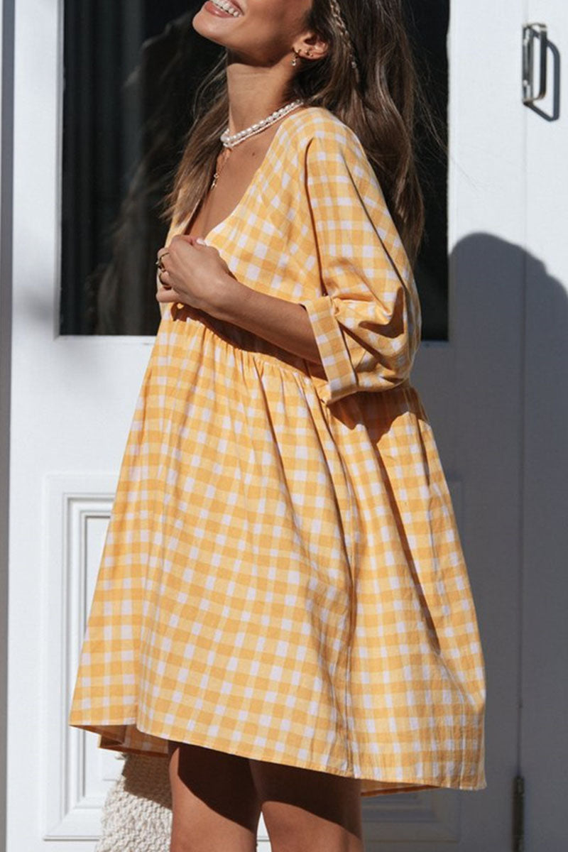 Fashion Casual Plaid Split Joint V Neck Princess Dresses - Fashionpara