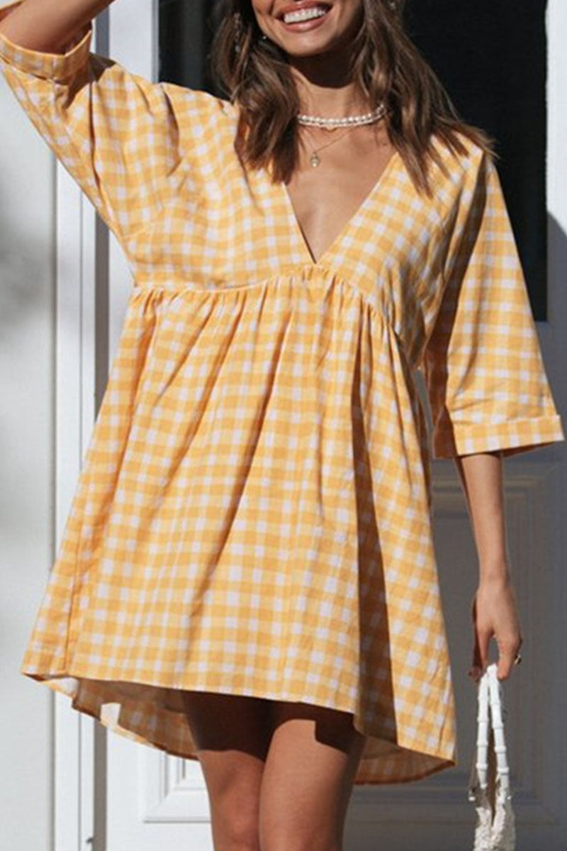 Fashion Casual Plaid Split Joint V Neck Princess Dresses - Fashionpara