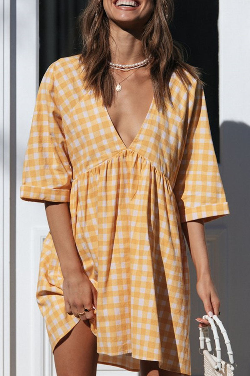 Fashion Casual Plaid Split Joint V Neck Princess Dresses - Fashionpara