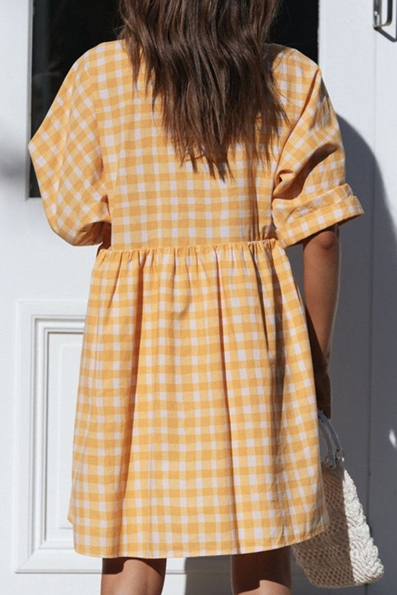 Fashion Casual Plaid Split Joint V Neck Princess Dresses - Fashionpara