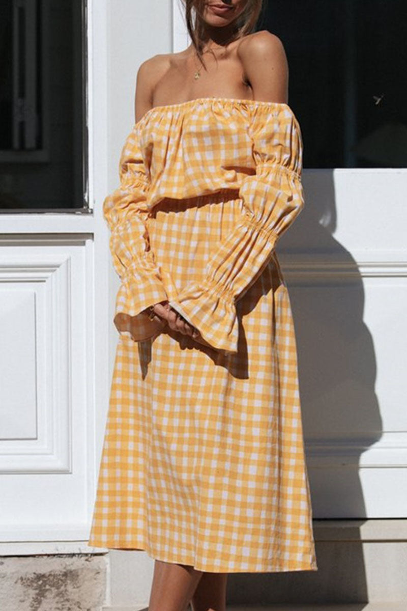 Fashion Street Plaid Split Joint Off the Shoulder Waist Skirt Dresses - Fashionpara