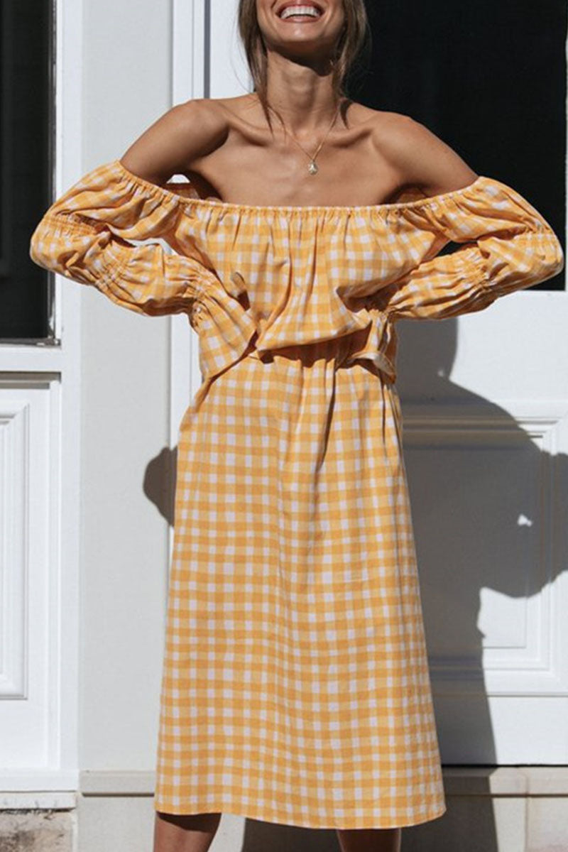 Fashion Street Plaid Split Joint Off the Shoulder Waist Skirt Dresses - Fashionpara