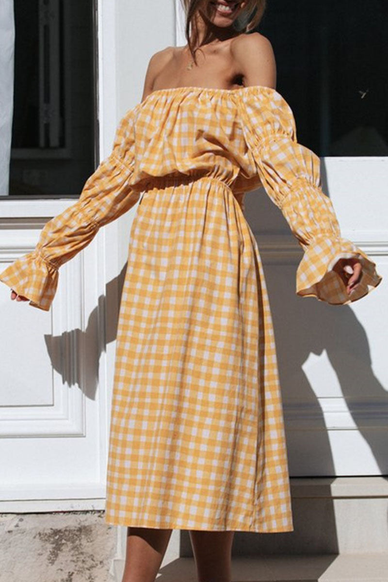 Fashion Street Plaid Split Joint Off the Shoulder Waist Skirt Dresses - Fashionpara