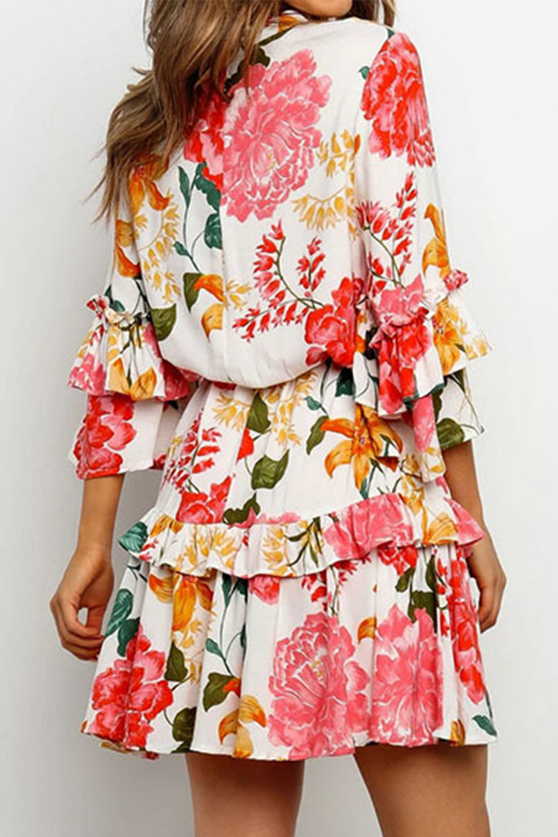 Elegant Floral Flounce Strap Design O Neck Waist Skirt Dresses - Fashionpara