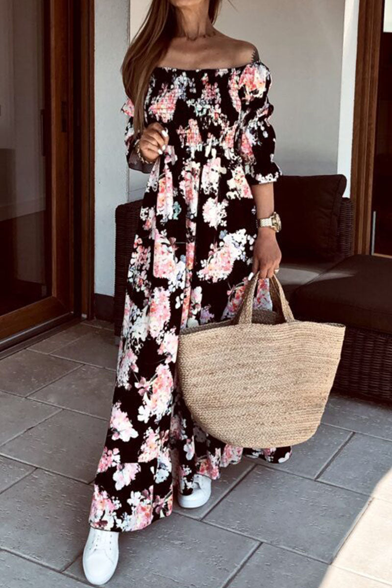 Fashion Street Print Split Joint Off the Shoulder A Line Dresses - Fashionpara