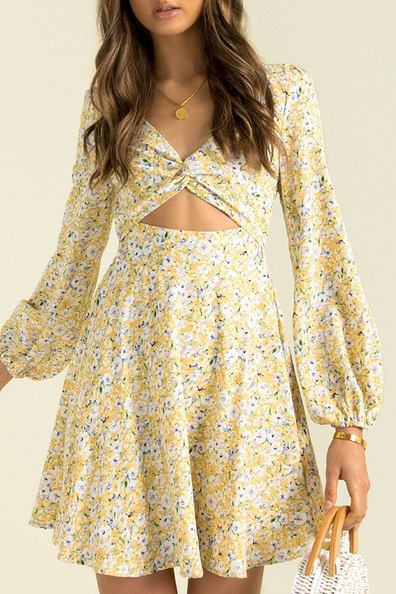 Fashion Street Print Hollowed Out V Neck Princess Dresses - Fashionpara