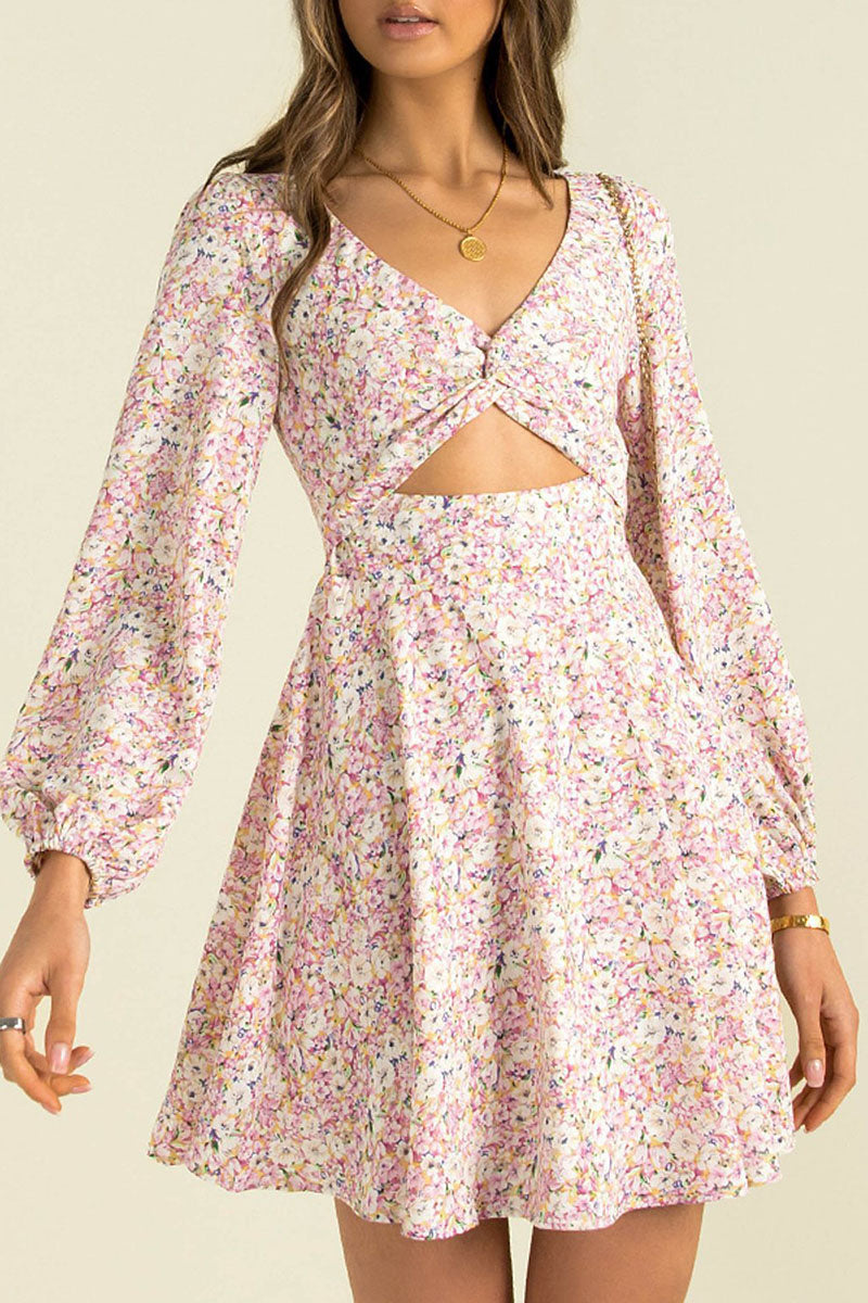 Fashion Street Print Hollowed Out V Neck Princess Dresses - Fashionpara