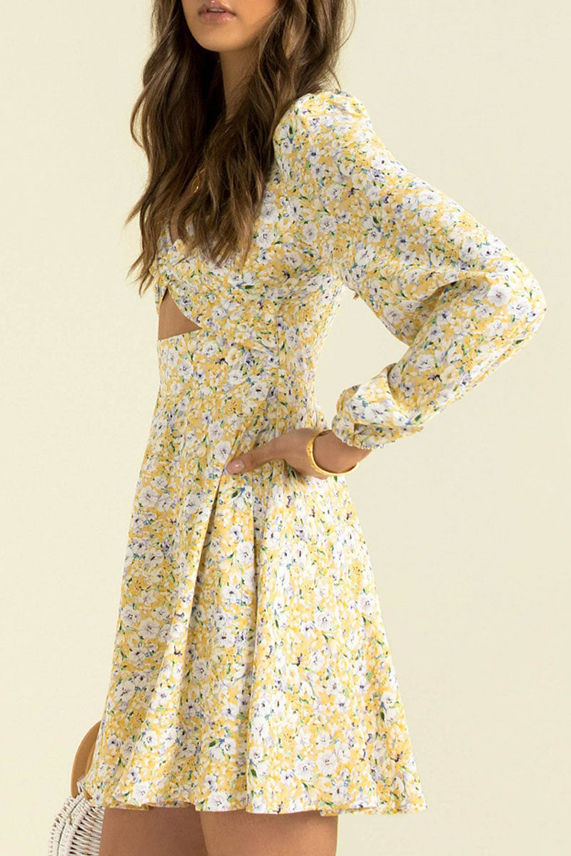 Fashion Street Print Hollowed Out V Neck Princess Dresses - Fashionpara