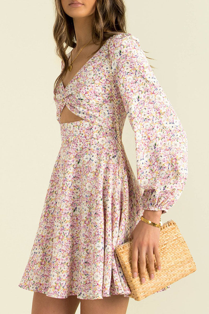 Fashion Street Print Hollowed Out V Neck Princess Dresses - Fashionpara