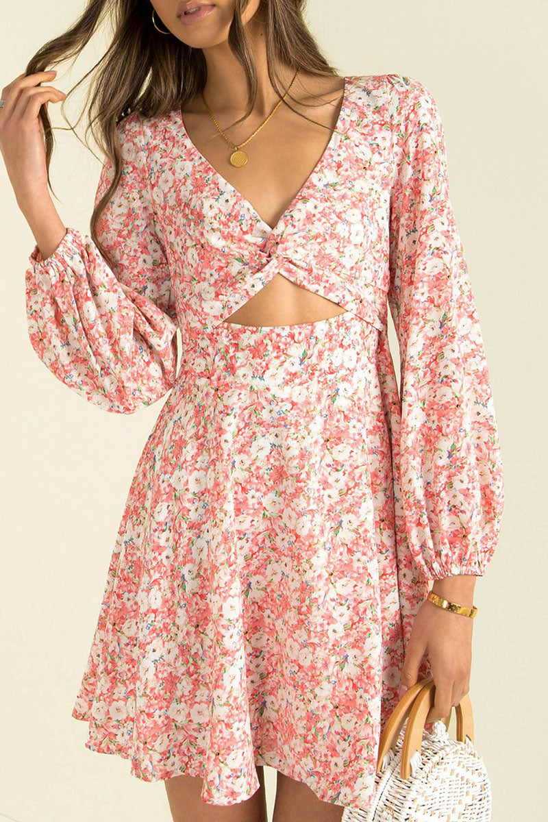 Fashion Street Print Hollowed Out V Neck Princess Dresses - Fashionpara