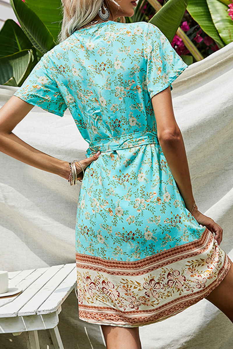 Casual Print Split Joint Strap Design V Neck A Line Dresses - Fashionpara