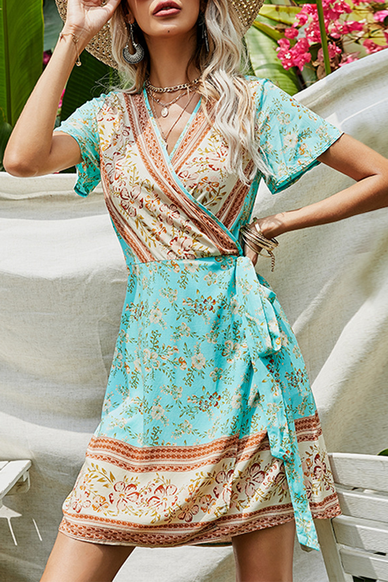 Casual Print Split Joint Strap Design V Neck A Line Dresses - Fashionpara