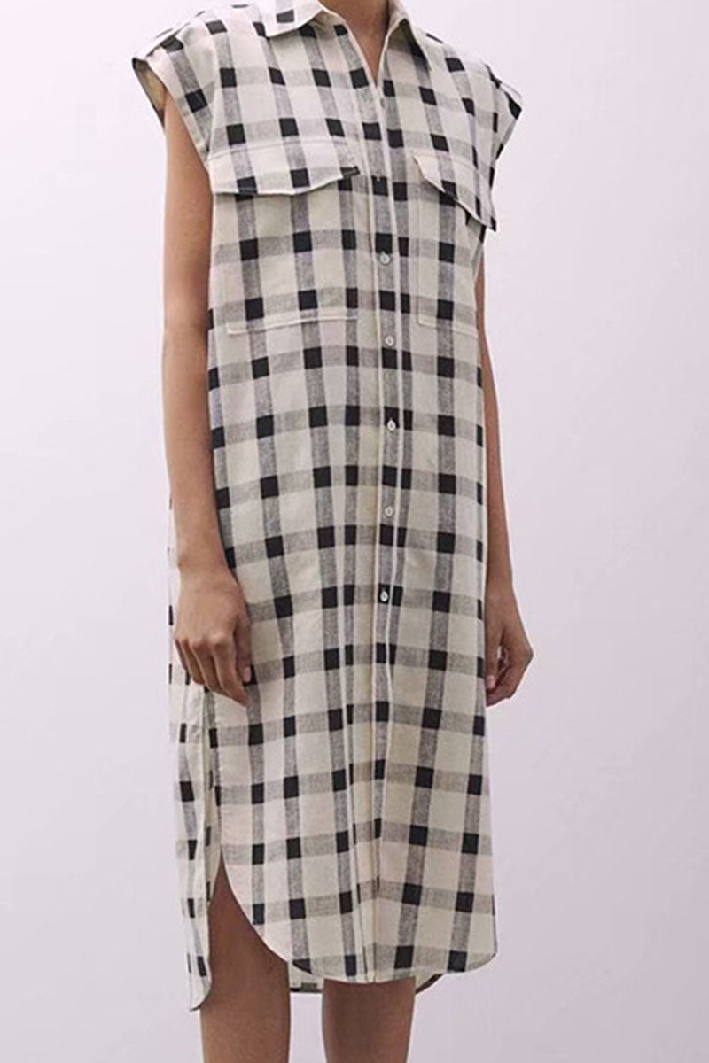 Fashion Casual Plaid Split Joint Turndown Collar A Line Dresses - Fashionpara