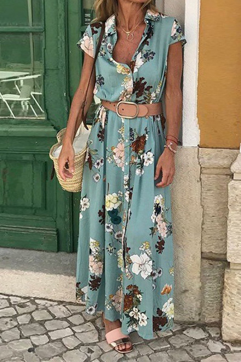 Casual Elegant Floral Buckle With Belt Turndown Collar Dresses(4 colors) - Fashionpara