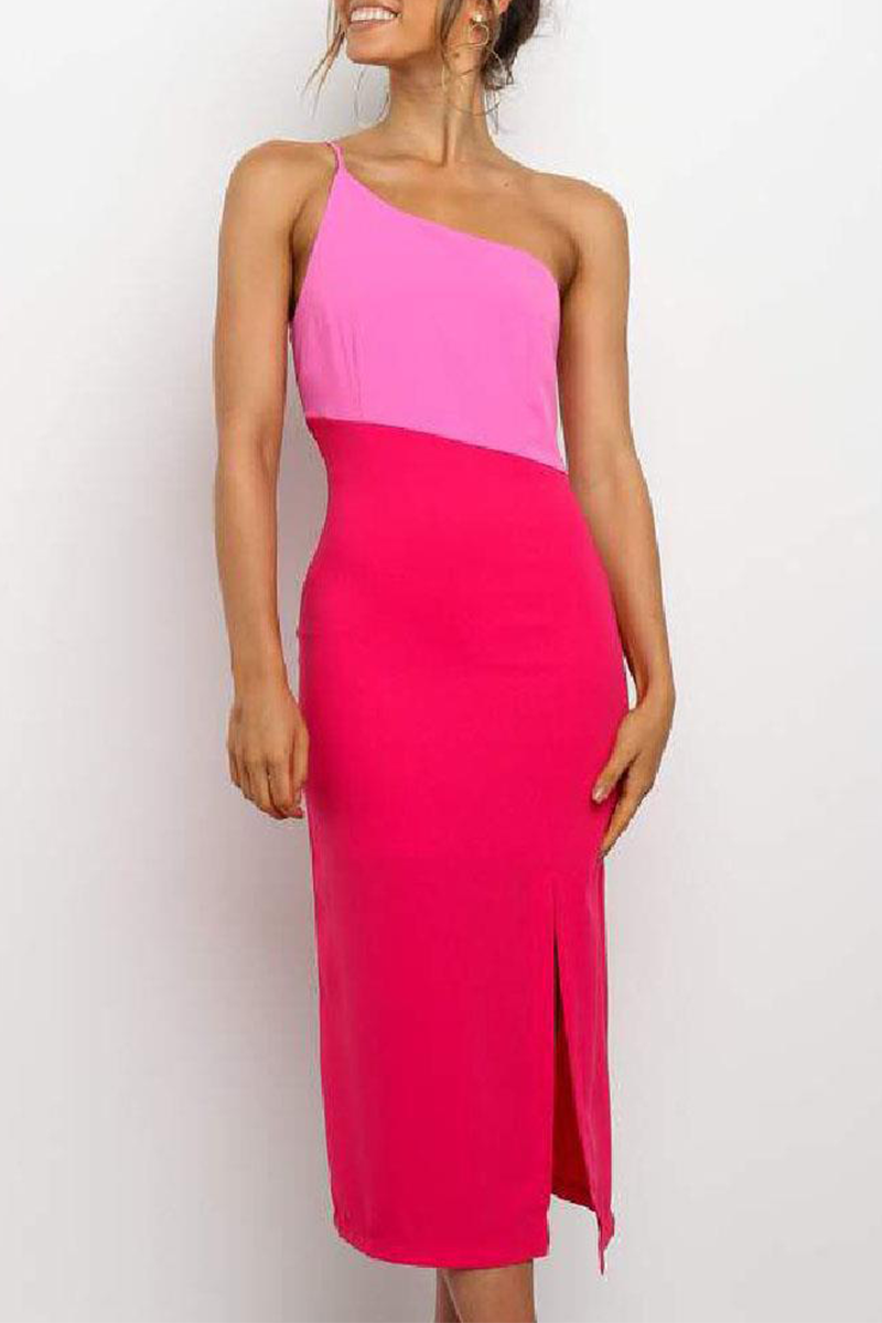 Elegant Patchwork Slit Contrast Oblique Collar Pencil Skirt Dresses - Fashionpara